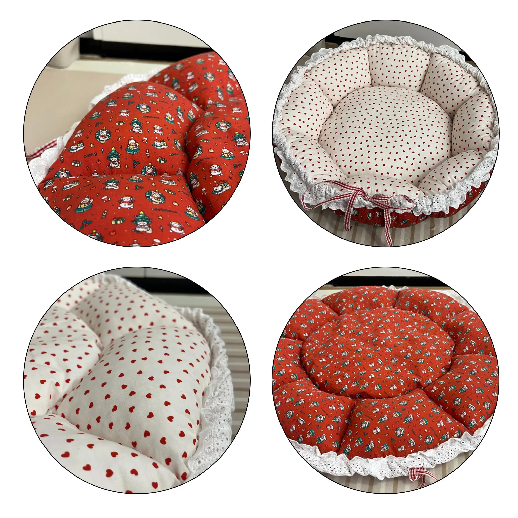 Four circular images showing fabric cushions with different patterns and designs.