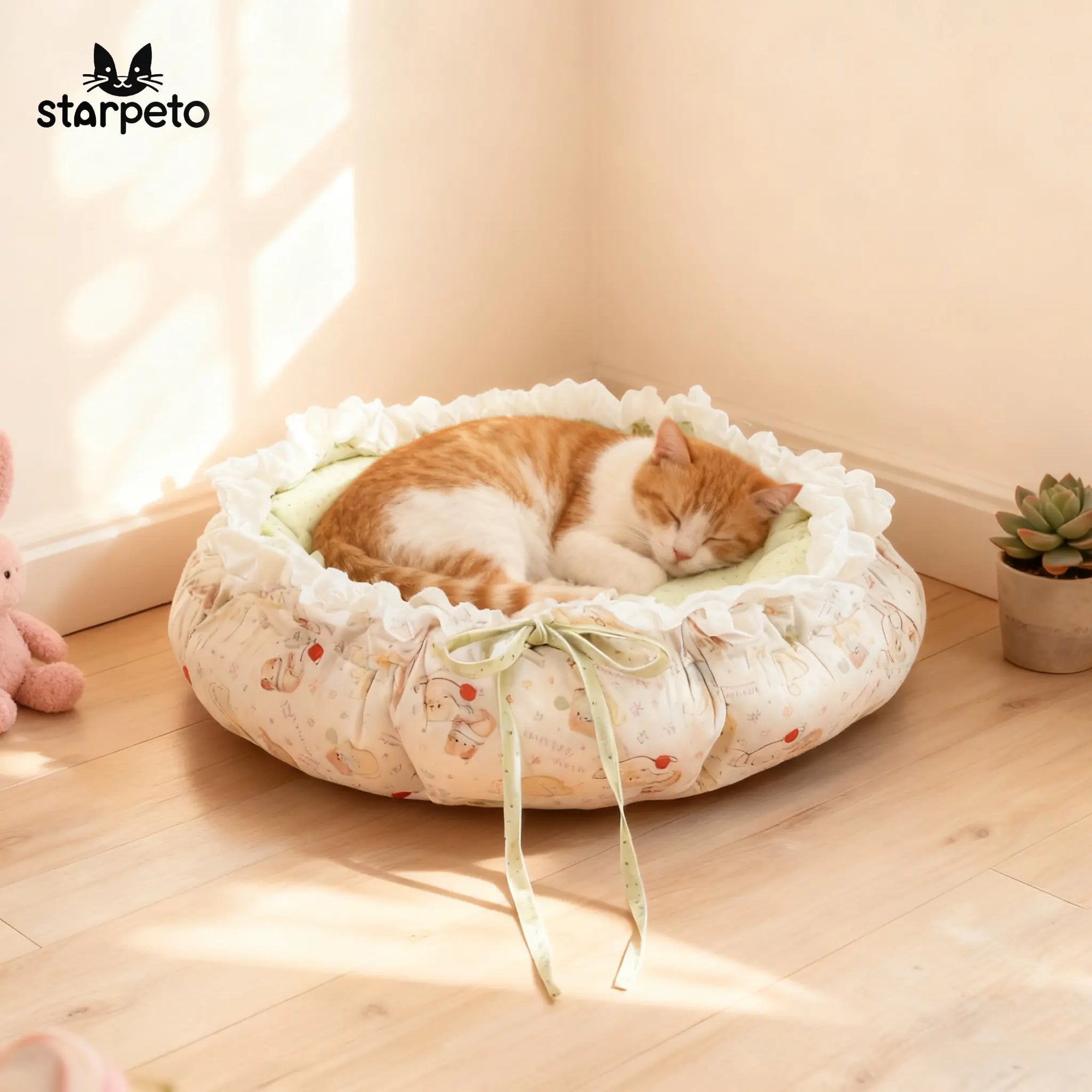 A cat rests on a green polka-dot reversible cat bed in the living room, highlighting its machine washable design and high-quality PP cotton lining.