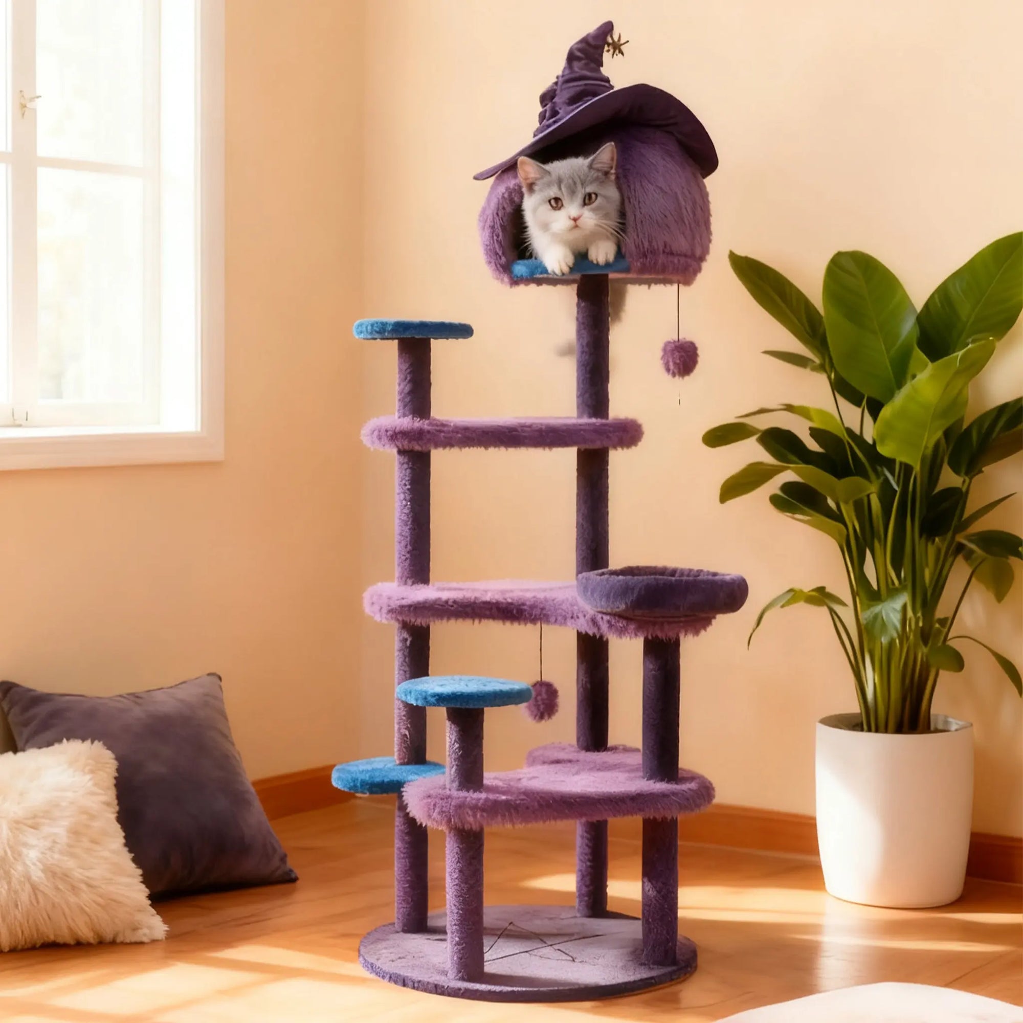 Purple Halloween cat tower decor in home interior with witch hat detail