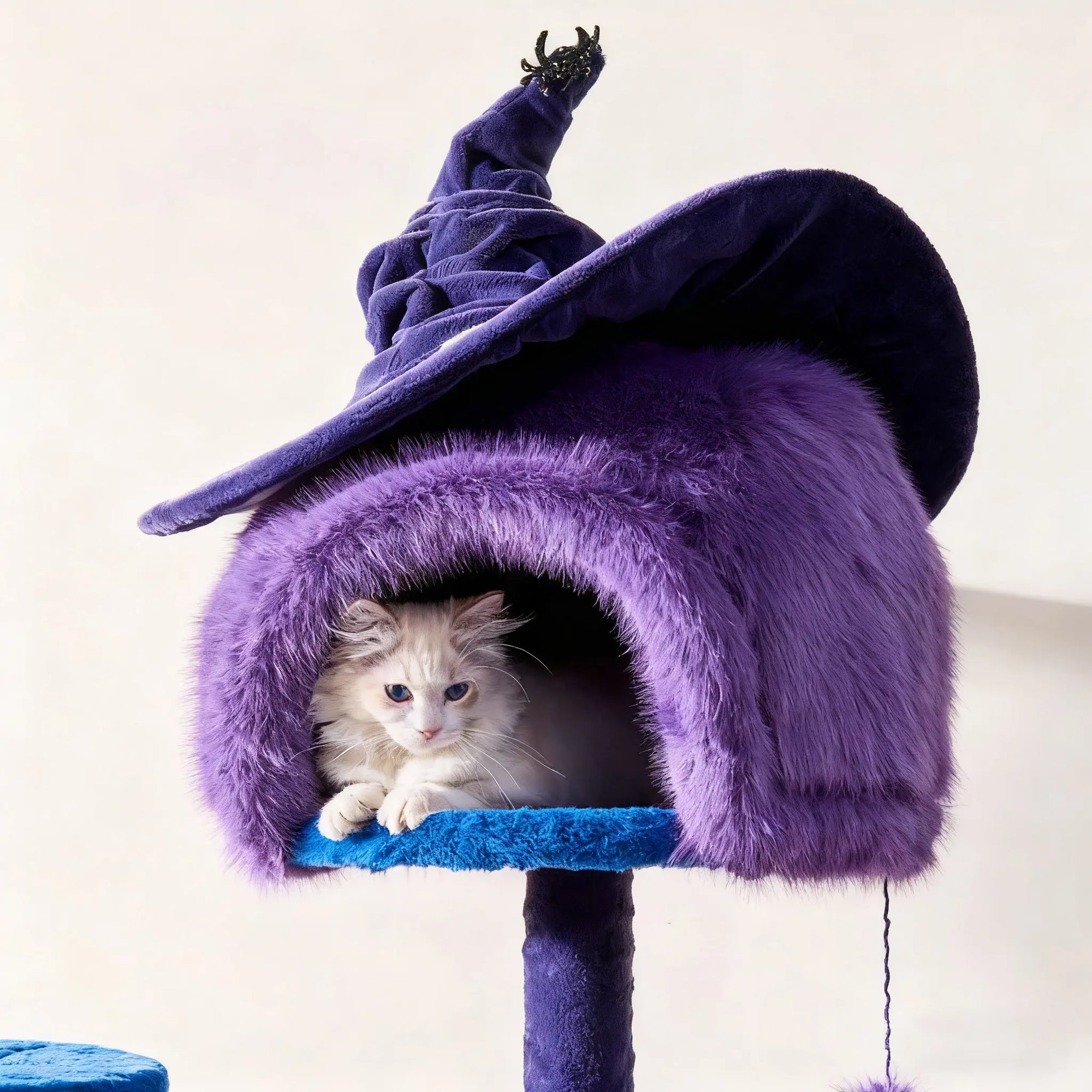 Close-up of witch hat and scratching post details on purple Halloween cat tree