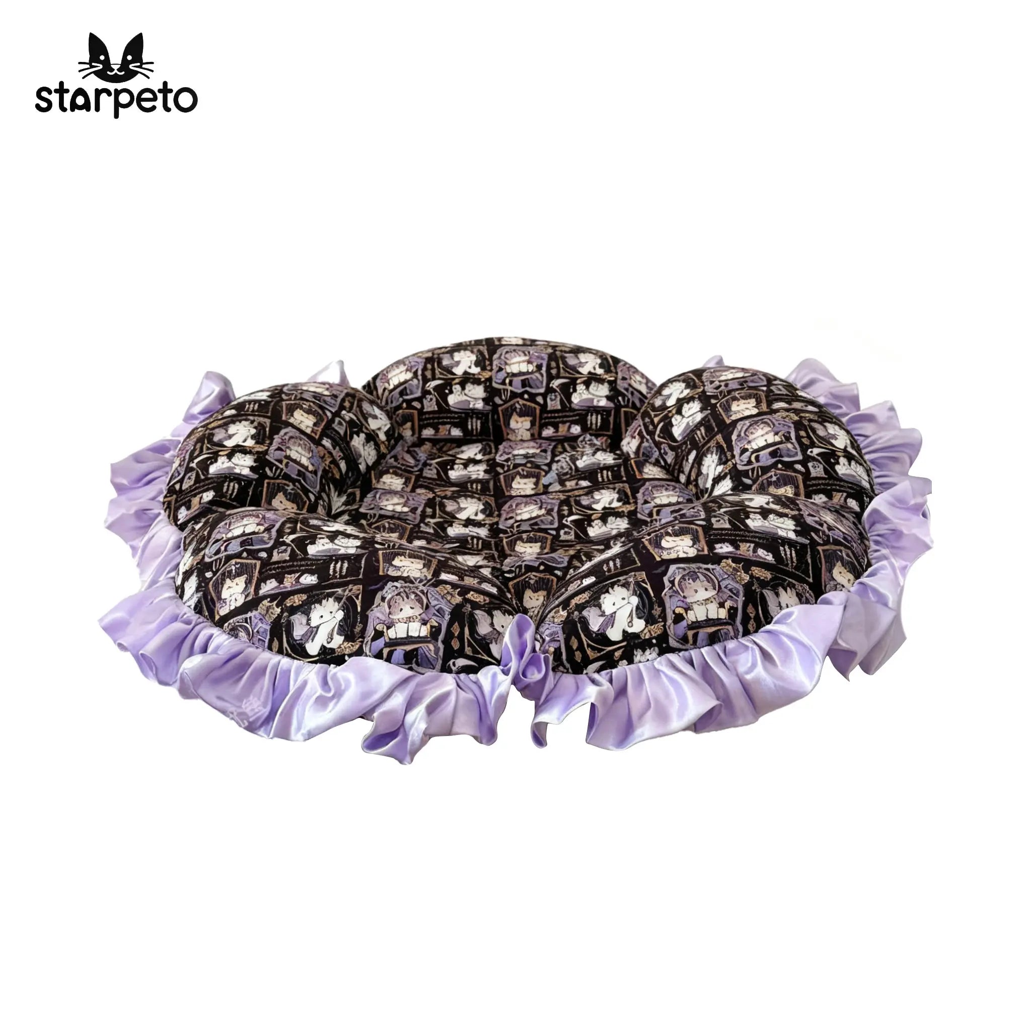 A scene depicting a cat comfortably lying in a purple petal-patterned canvas cat bed, with purple satin lace trim visible on the side.