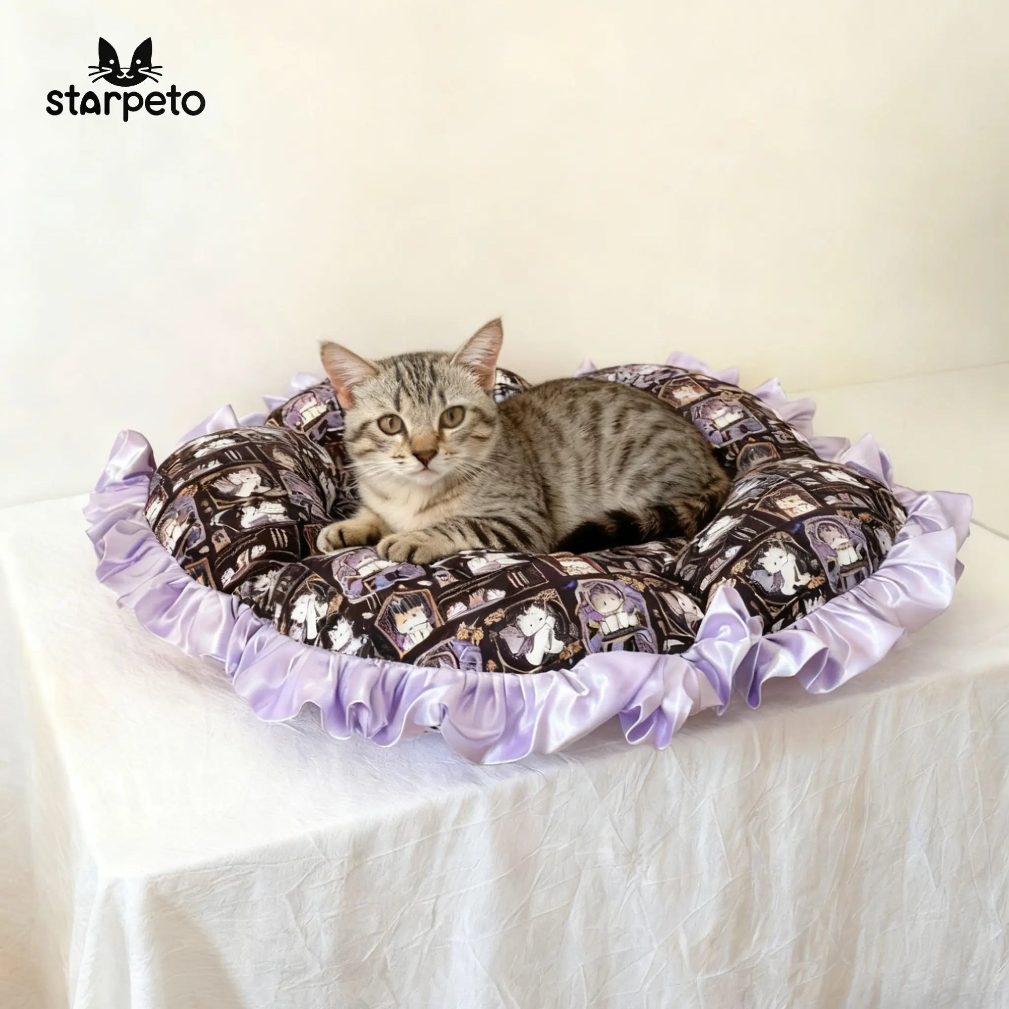 A scene depicting a cat comfortably lying in a purple petal-patterned canvas cat bed, with purple satin lace trim visible on the side.