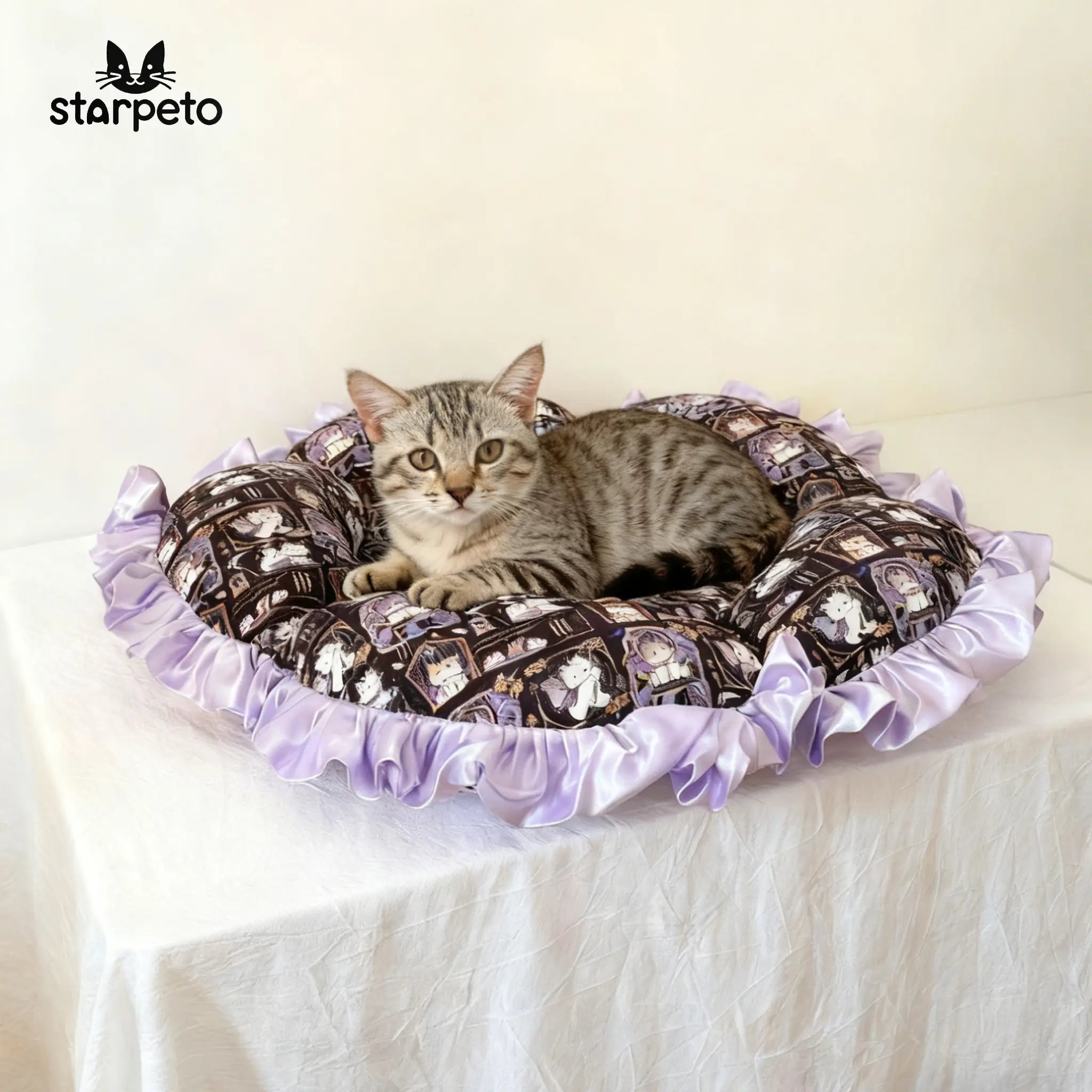 A scene depicting a cat comfortably lying in a purple petal-patterned canvas cat bed, with purple satin lace trim visible on the side.