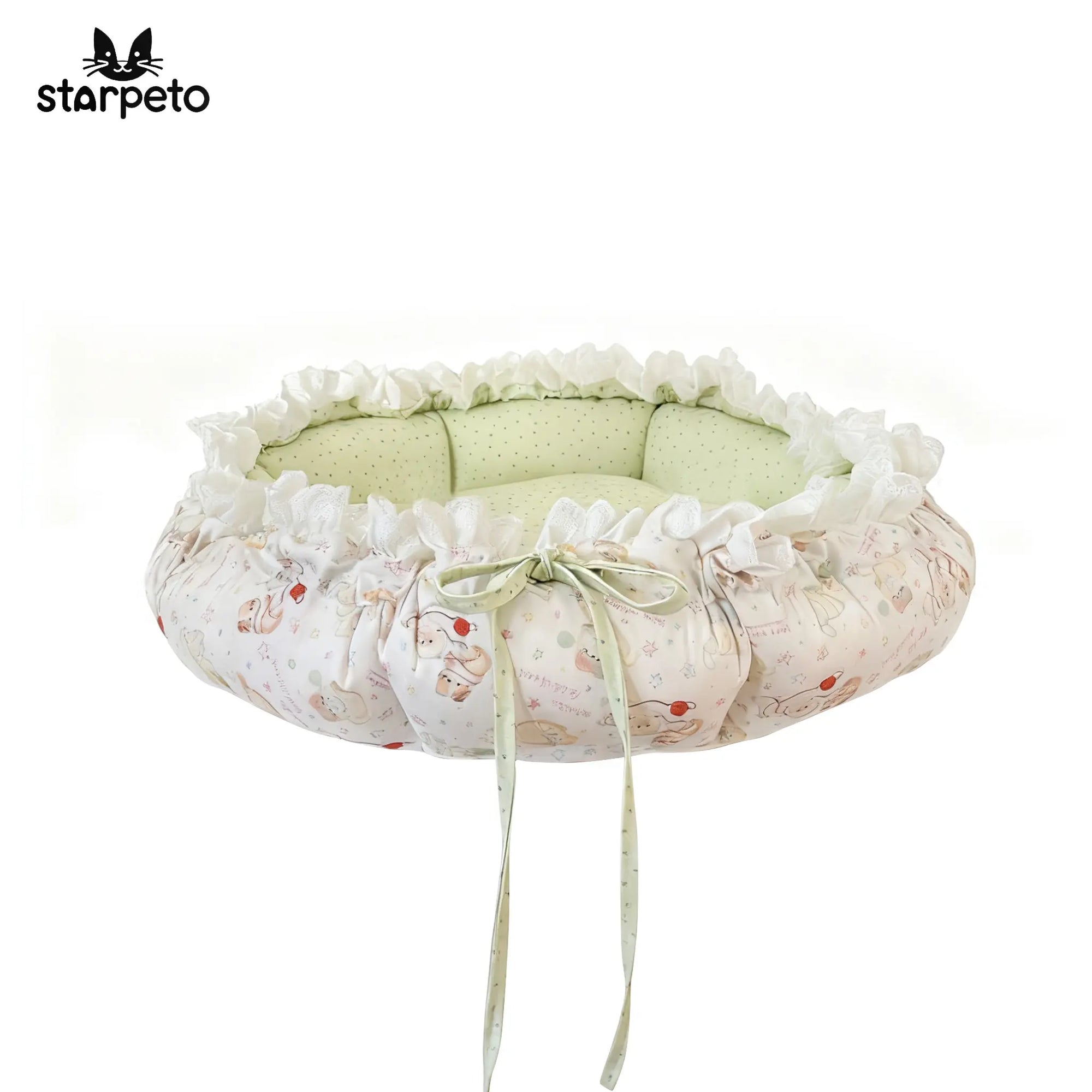 A cat rests on a green polka-dot reversible cat bed in the living room, highlighting its machine washable design and high-quality PP cotton lining.