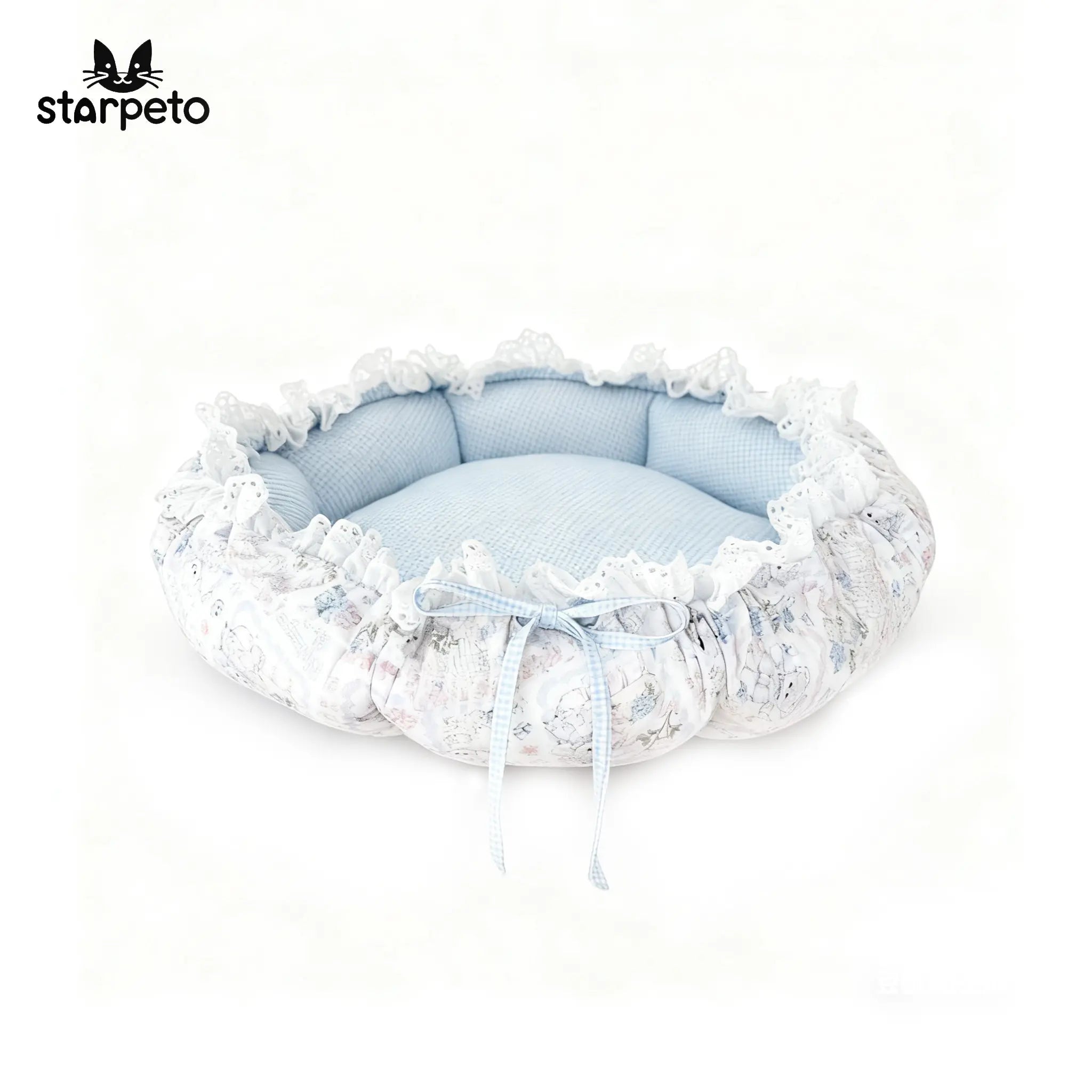 Light blue pet bed with white lace trim on a white background, featuring the brand 'starpeto'.