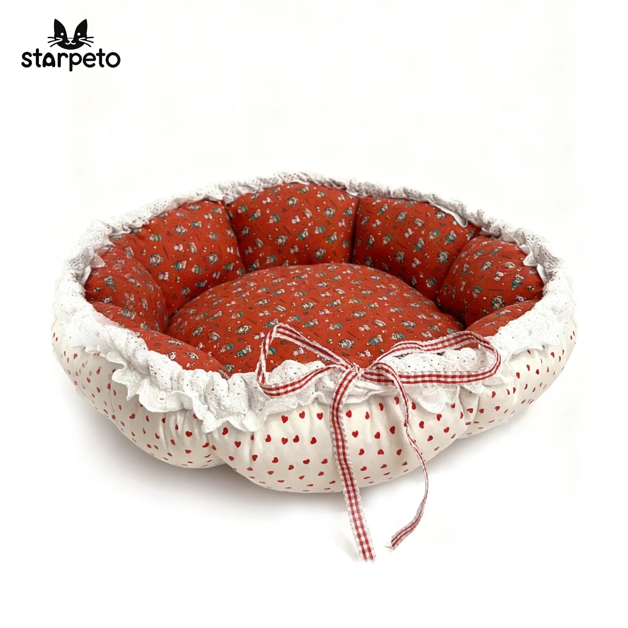 Reversible pumpkin cat nest on a white background, clearly showing the red and green Christmas plaid pattern side. Also convertible to a flat mat.