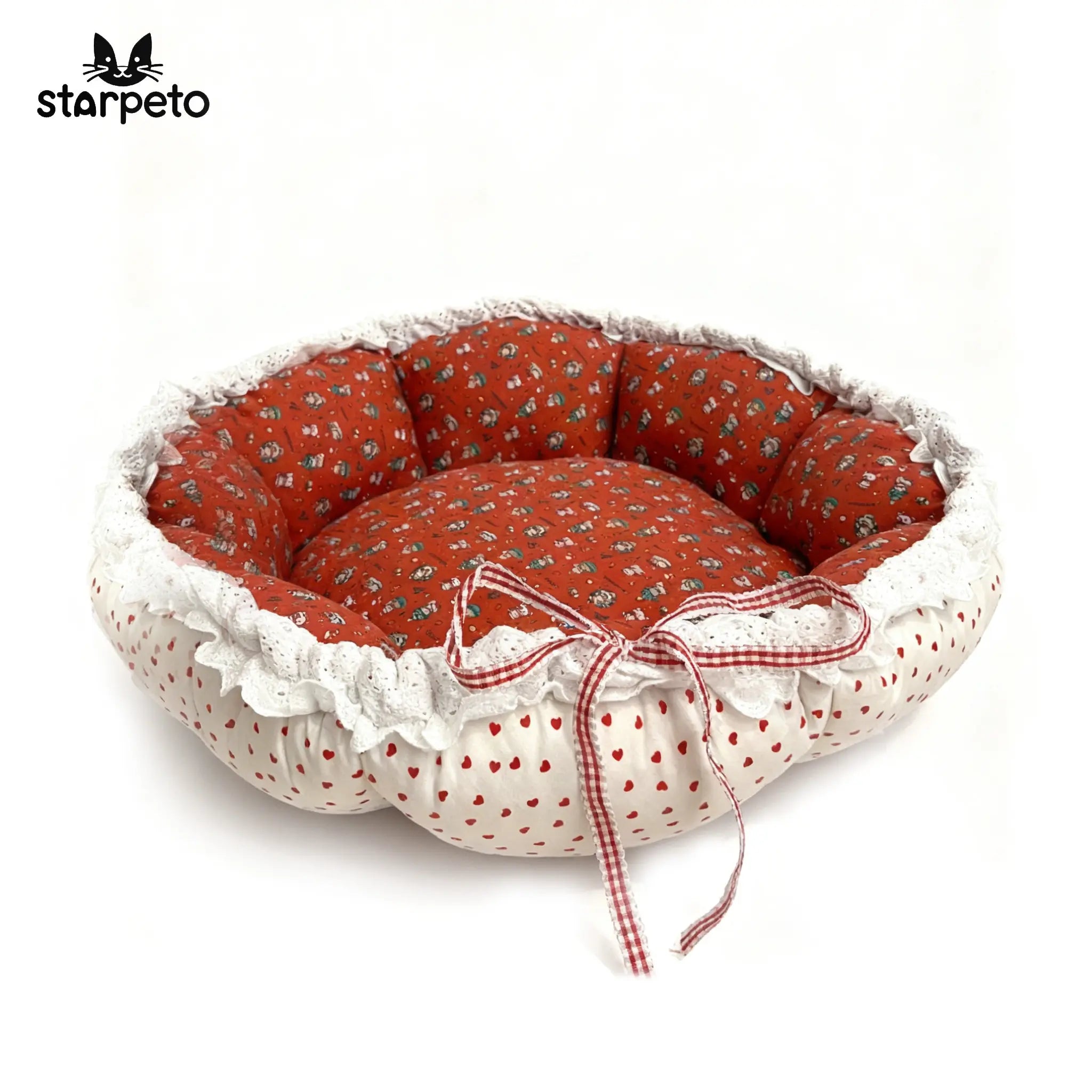 Reversible pumpkin cat nest on a white background, clearly showing the red and green Christmas plaid pattern side. Also convertible to a flat mat.