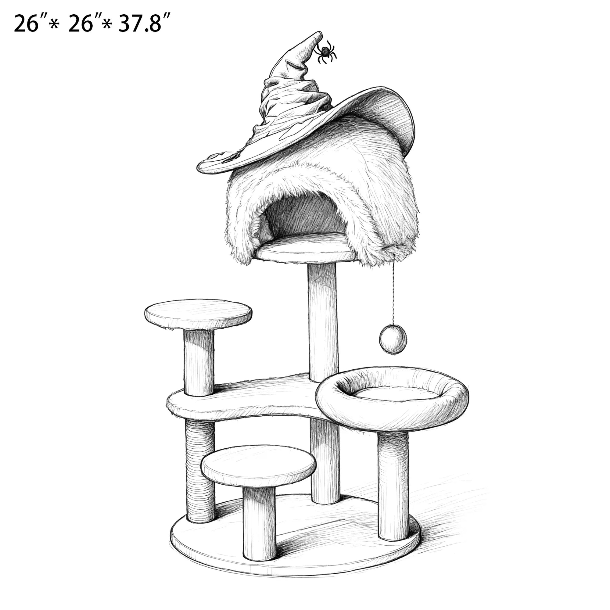 Design sketch of small purple Halloween cat tree with witch hat detail