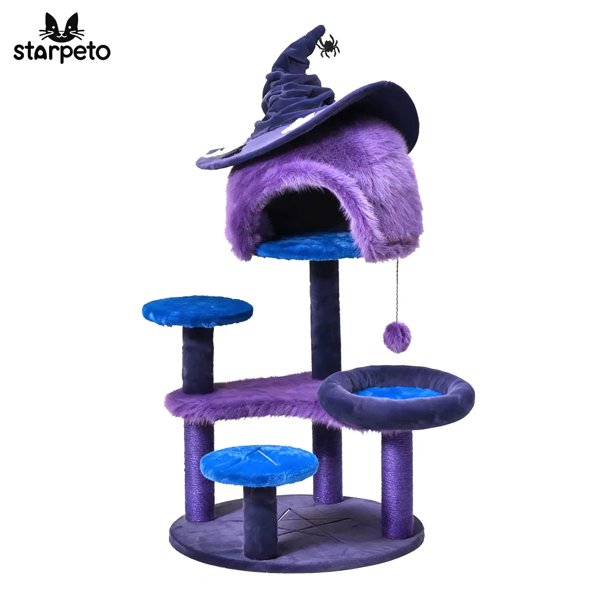 Small purple Halloween cat tree with witch hat top for kittens