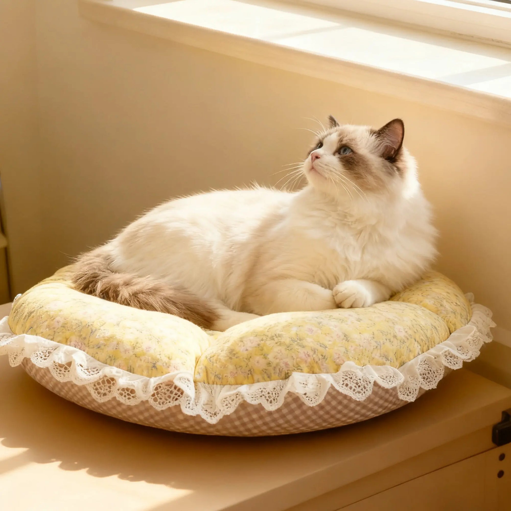 ndoor cat lounging on a yellow floral print cat bed in stylish home decor setting