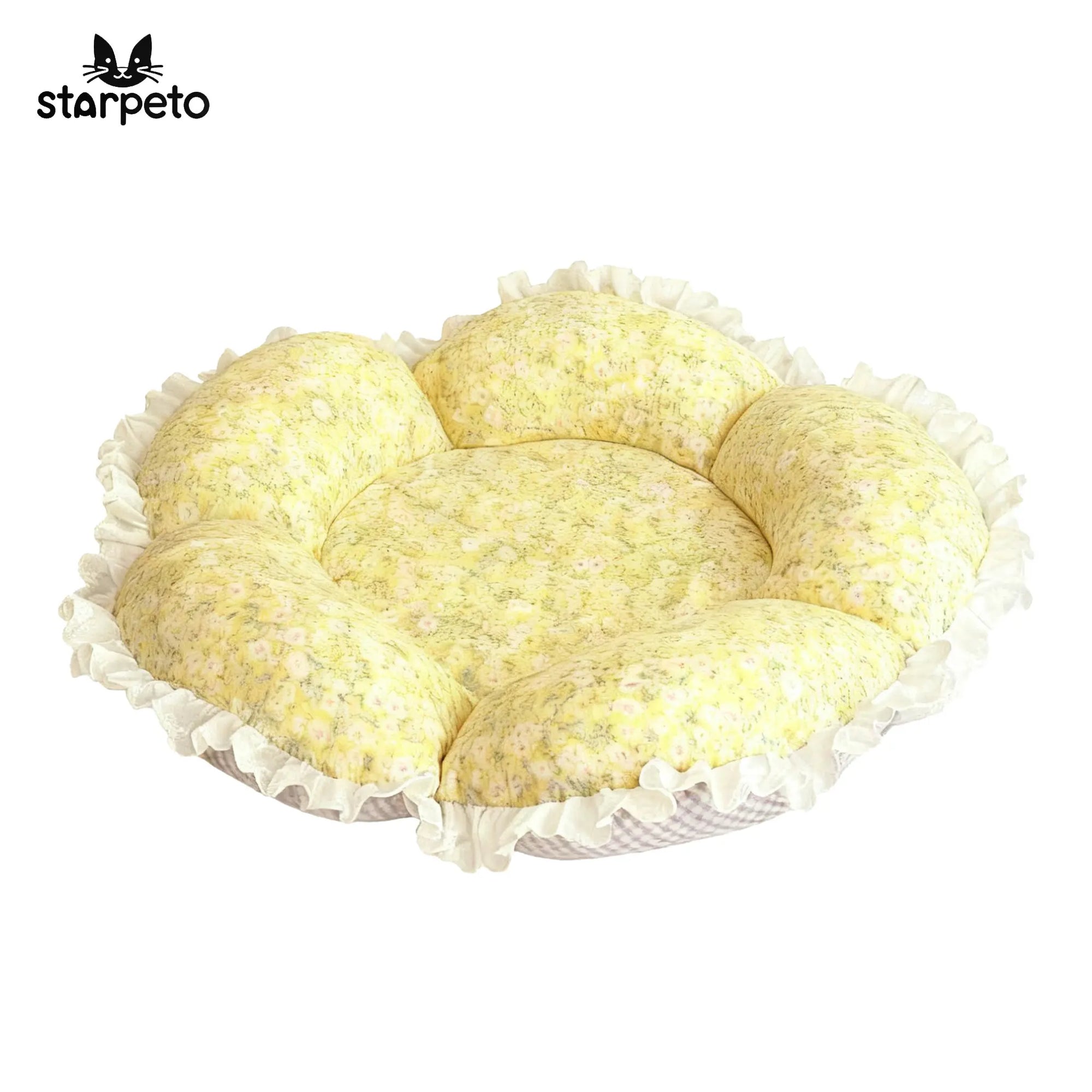 Yellow floral cotton cat bed with removable cushion on clean white background